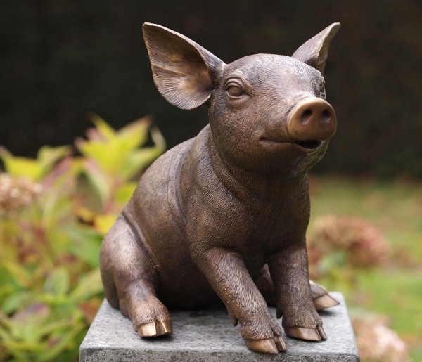 Junges Schwein sitzend aus Bronze.