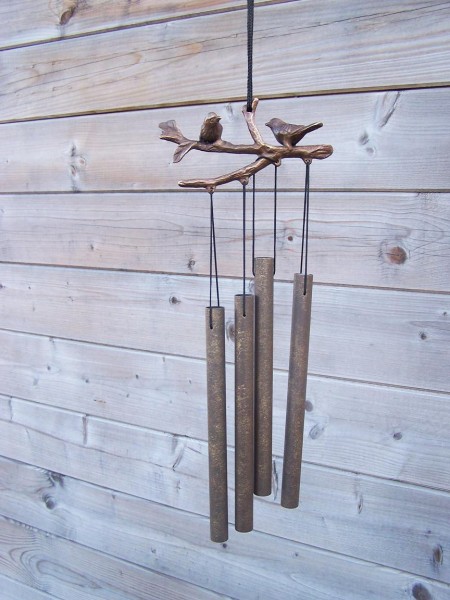 Windspiel aus Bronze | Zwei Vögel auf Zweig